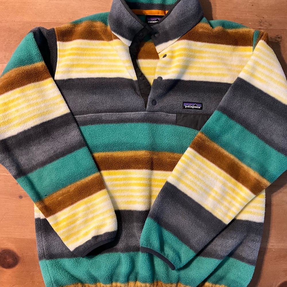 Mens Patagonia Synchilla Snap T Fleece Pullover Painted Finch Stripe Sz M